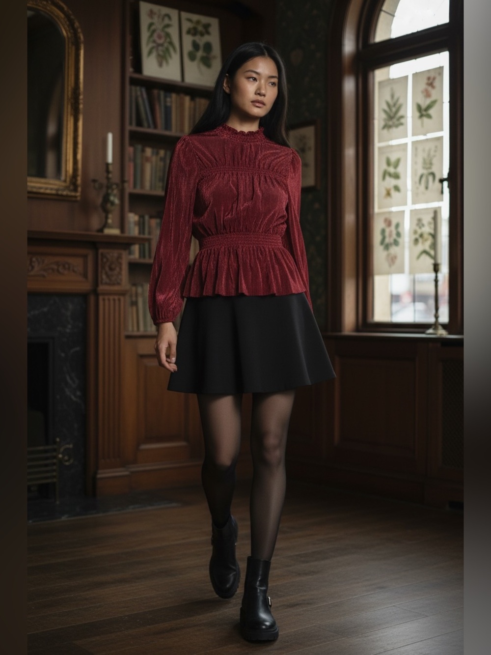 Badgley Mischka Metallic Plissé Smocked Ruffle Neck Blouse Tunic Red M - Picture 3 of 12